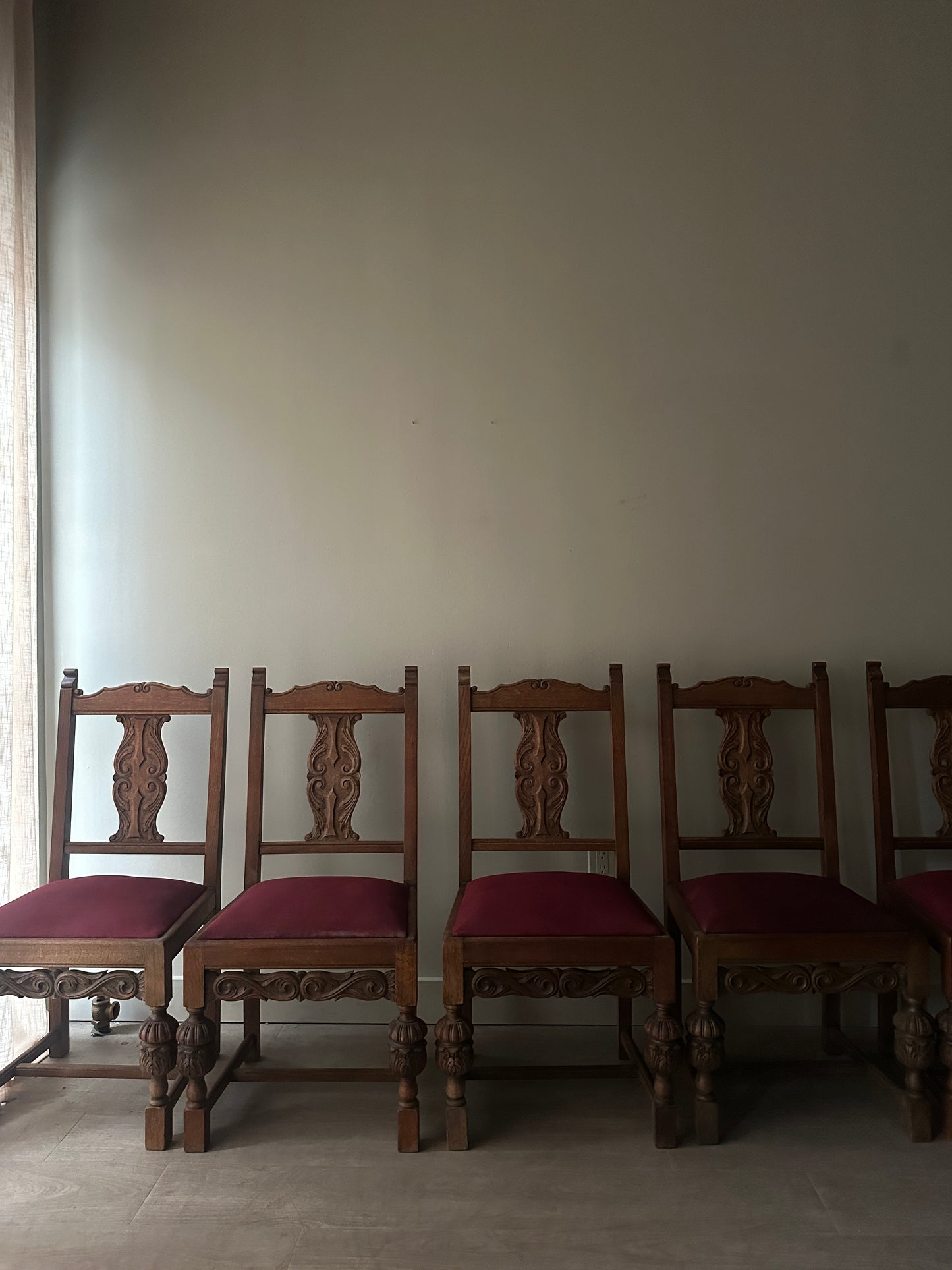 6 upholstered oak dining chairs. Sets of 2.