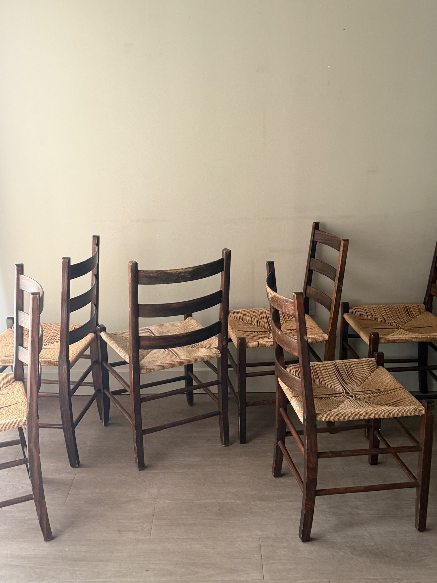 Scandinavian pine and cord dining chairs. Sold in pairs.