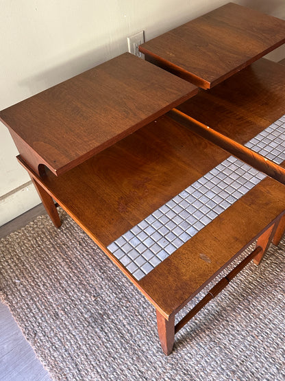 Pair of walnut and tile side tables. Sold individually