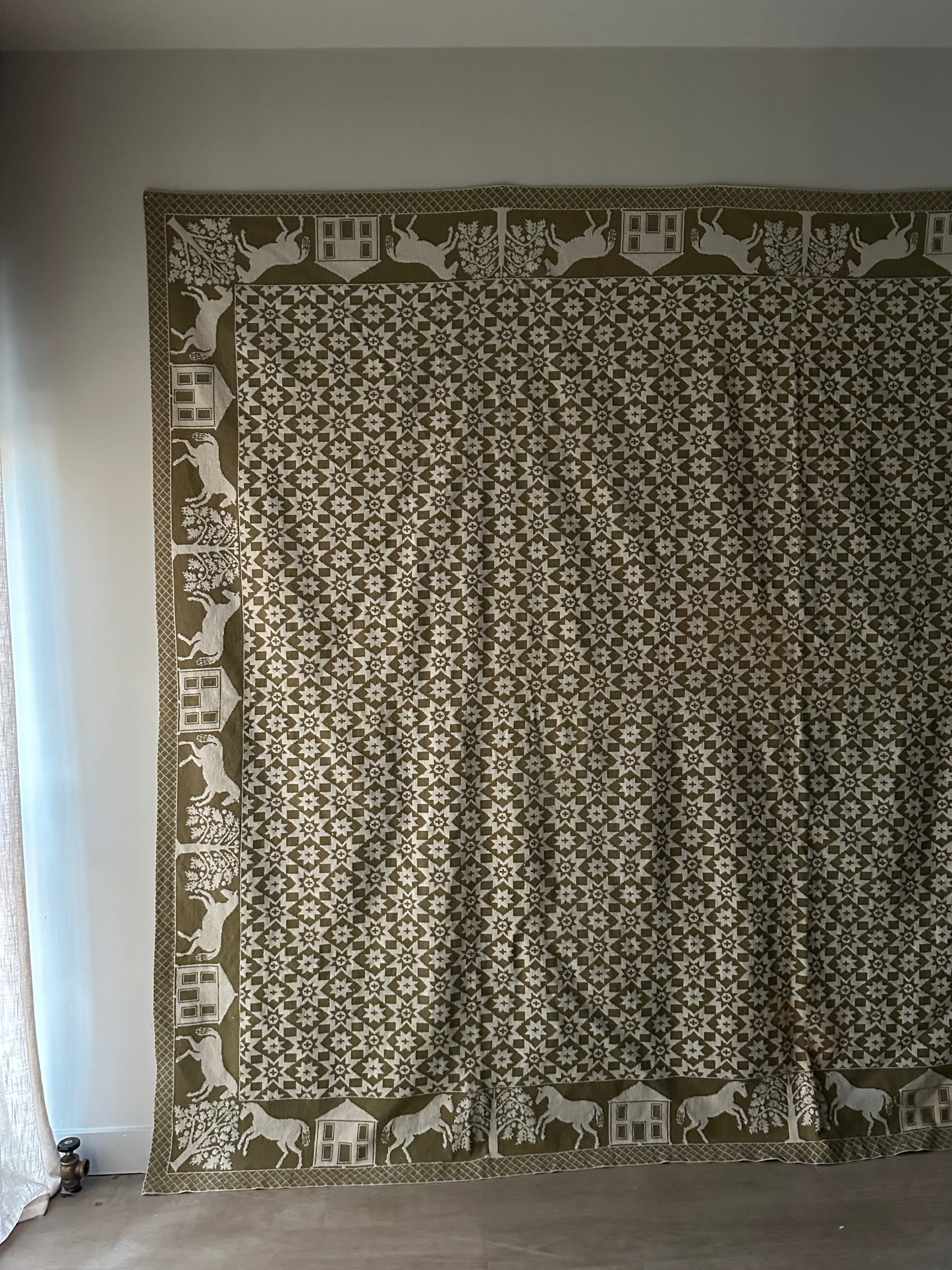 Green and cream hand woven wool coverlet/rug/tapestry