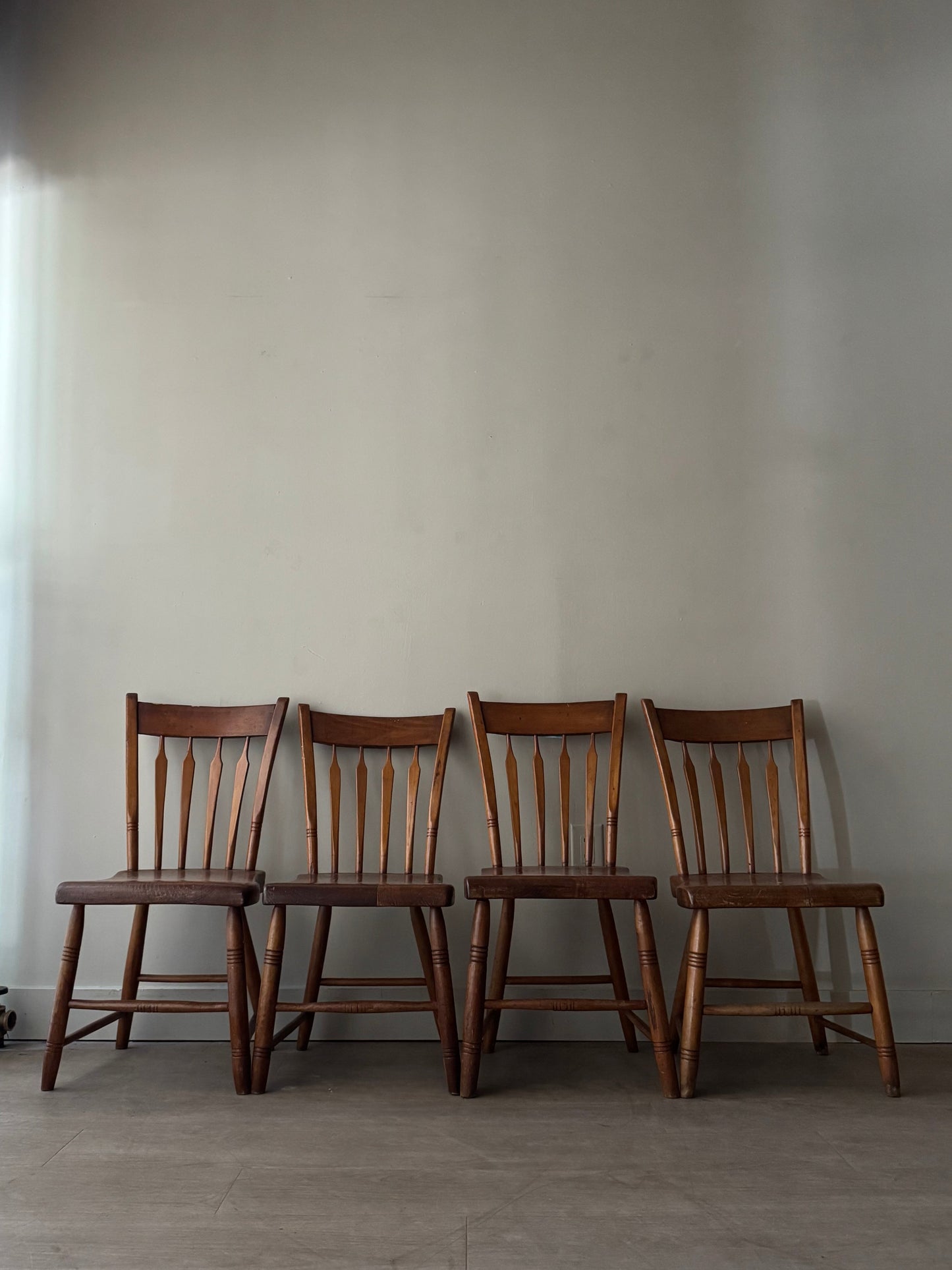 Pine plank seat dining chairs. Sold as a set of 4.