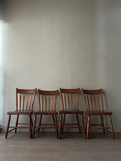 Pine plank seat dining chairs. Sold as a set of 4.