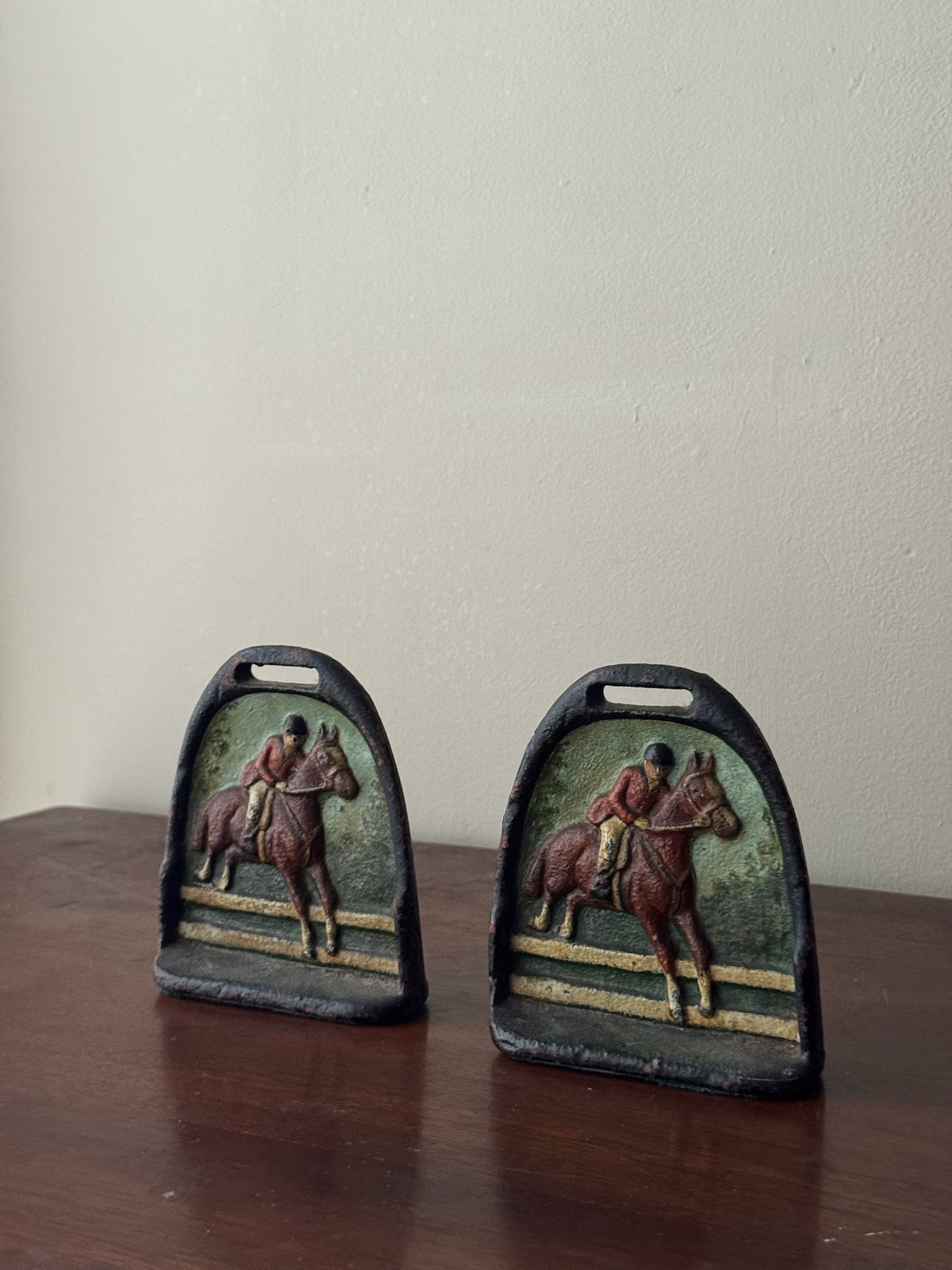 Cast iron equestrian stirrup bookends