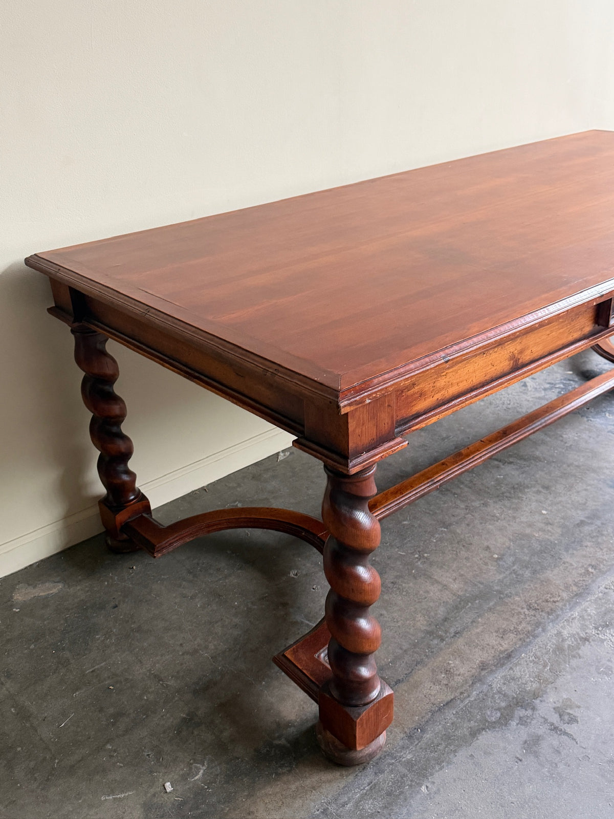 Walnut barley twist stretcher base refectory table