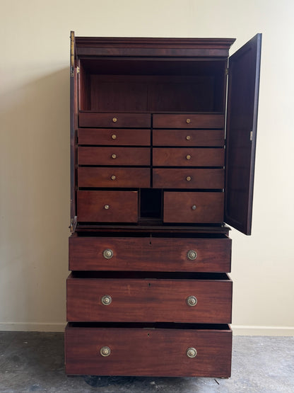 Georgian mahogany two piece linen press