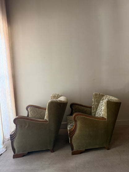 Danish sage green damask velvet lounge chairs. Sold individually.