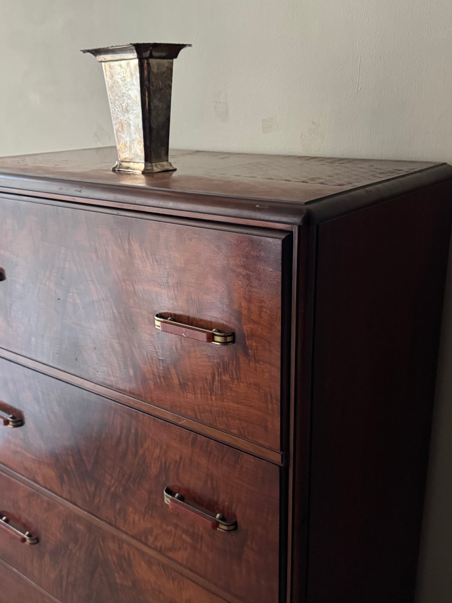 Deco figured walnut tallboy dresser