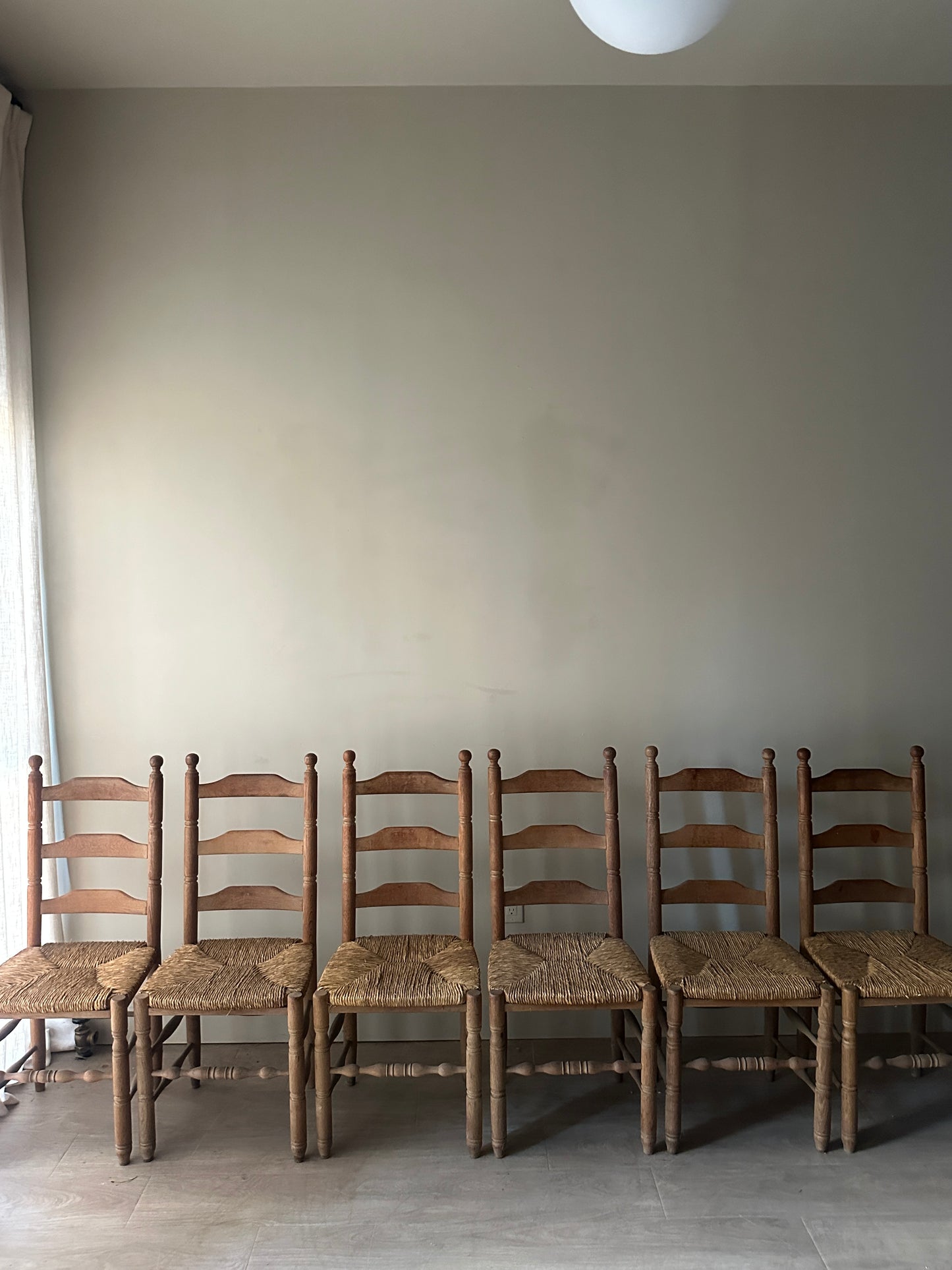 6 ball top oak and rush dining chairs. (Sets of 2)