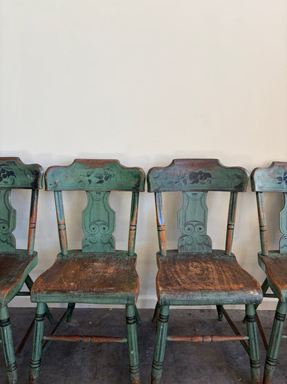 Pennsylvania Sheraton Paint-Decorated Plank Seat Chairs. Sold in pairs.