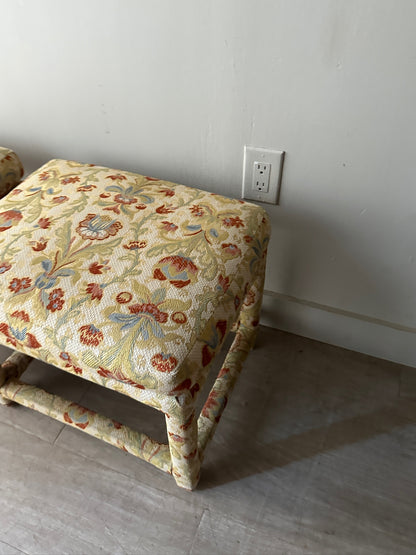 2 Milo Baughman floral upholstered stools or ottomans. Sold individually.