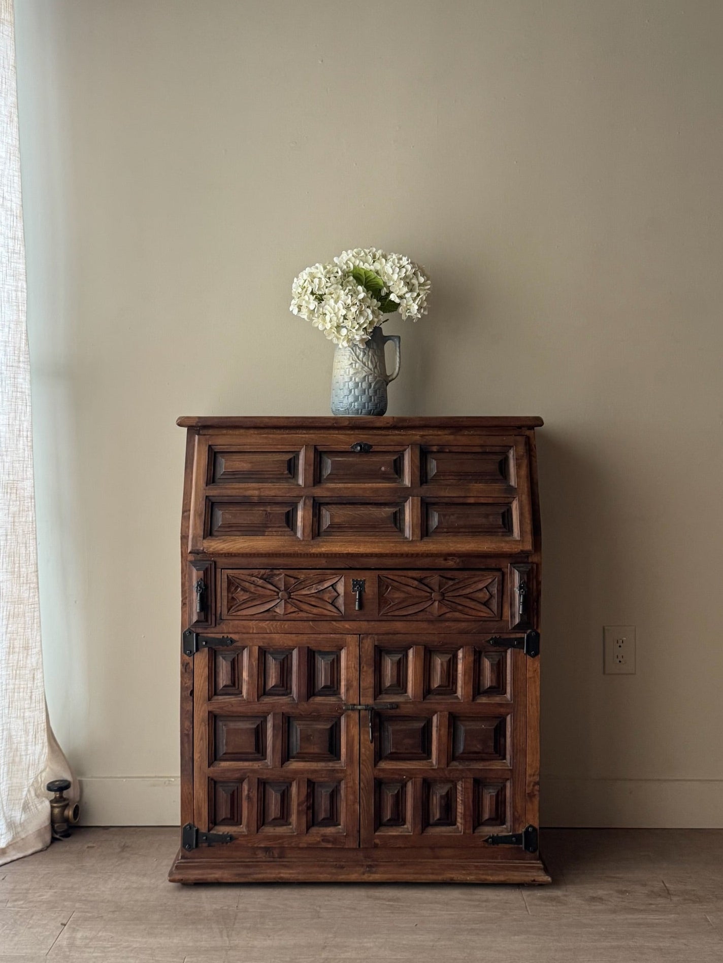 Spanish carved pine secretary cabinet