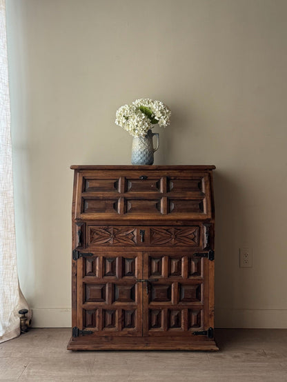 Spanish carved pine secretary cabinet