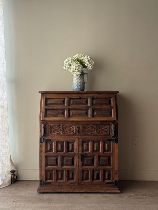 Spanish carved pine secretary cabinet
