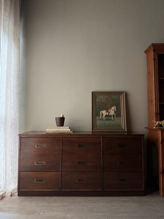 Campaign walnut 9 drawer dresser