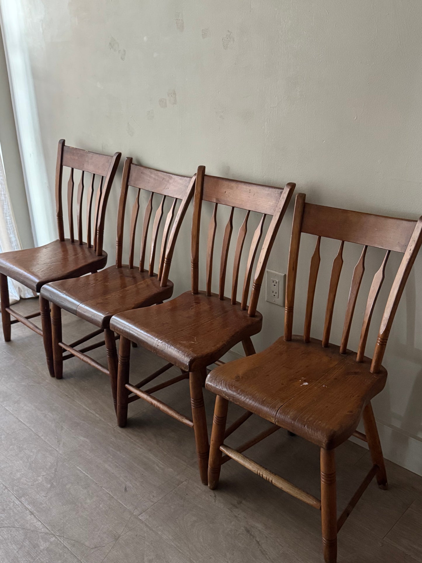 Pine plank seat dining chairs. Sold as a set of 4.