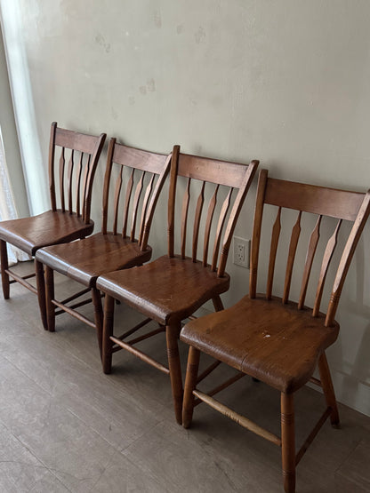 Pine plank seat dining chairs. Sold as a set of 4.