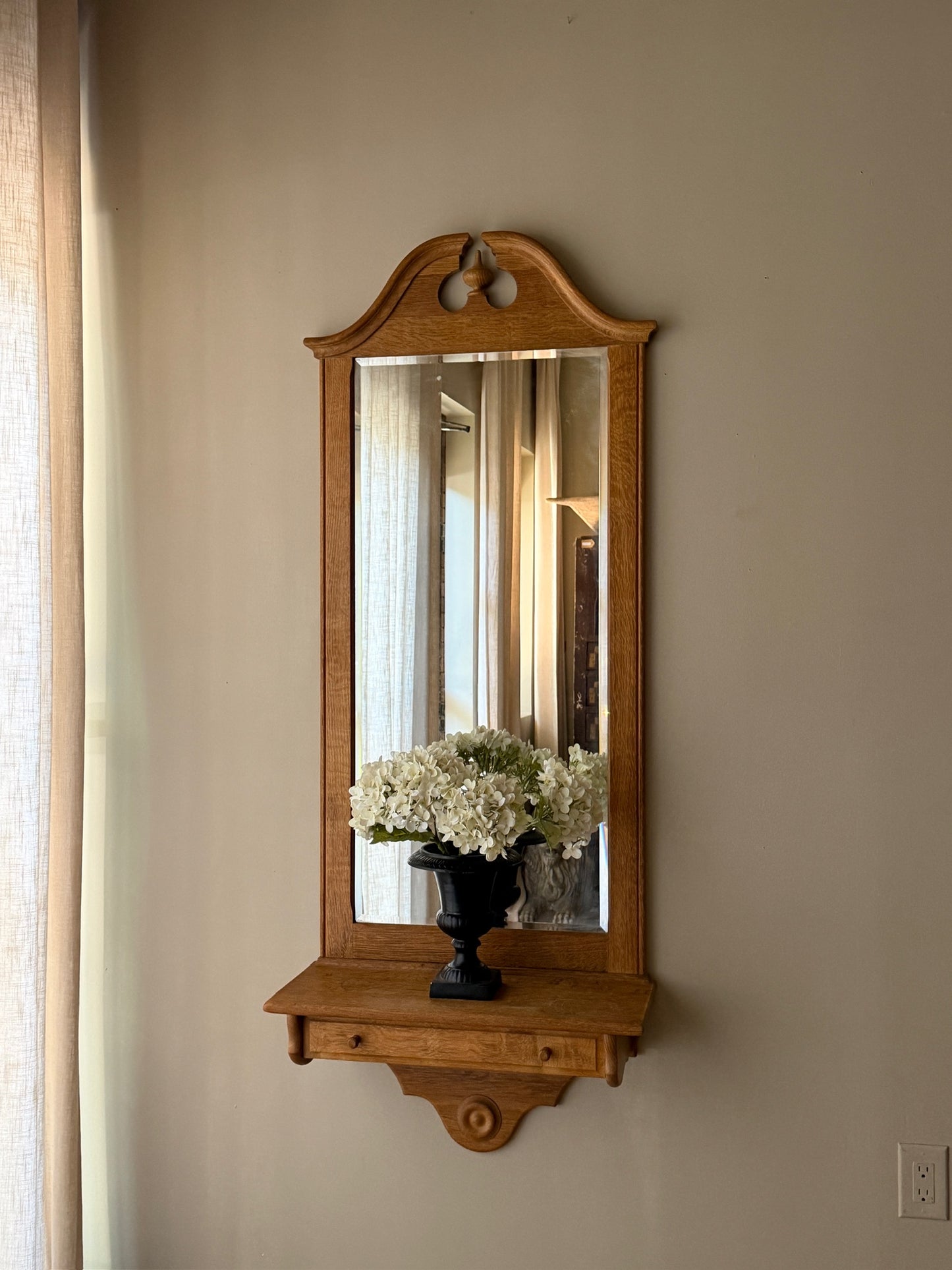 Danish oak mirror with shelf & drawer