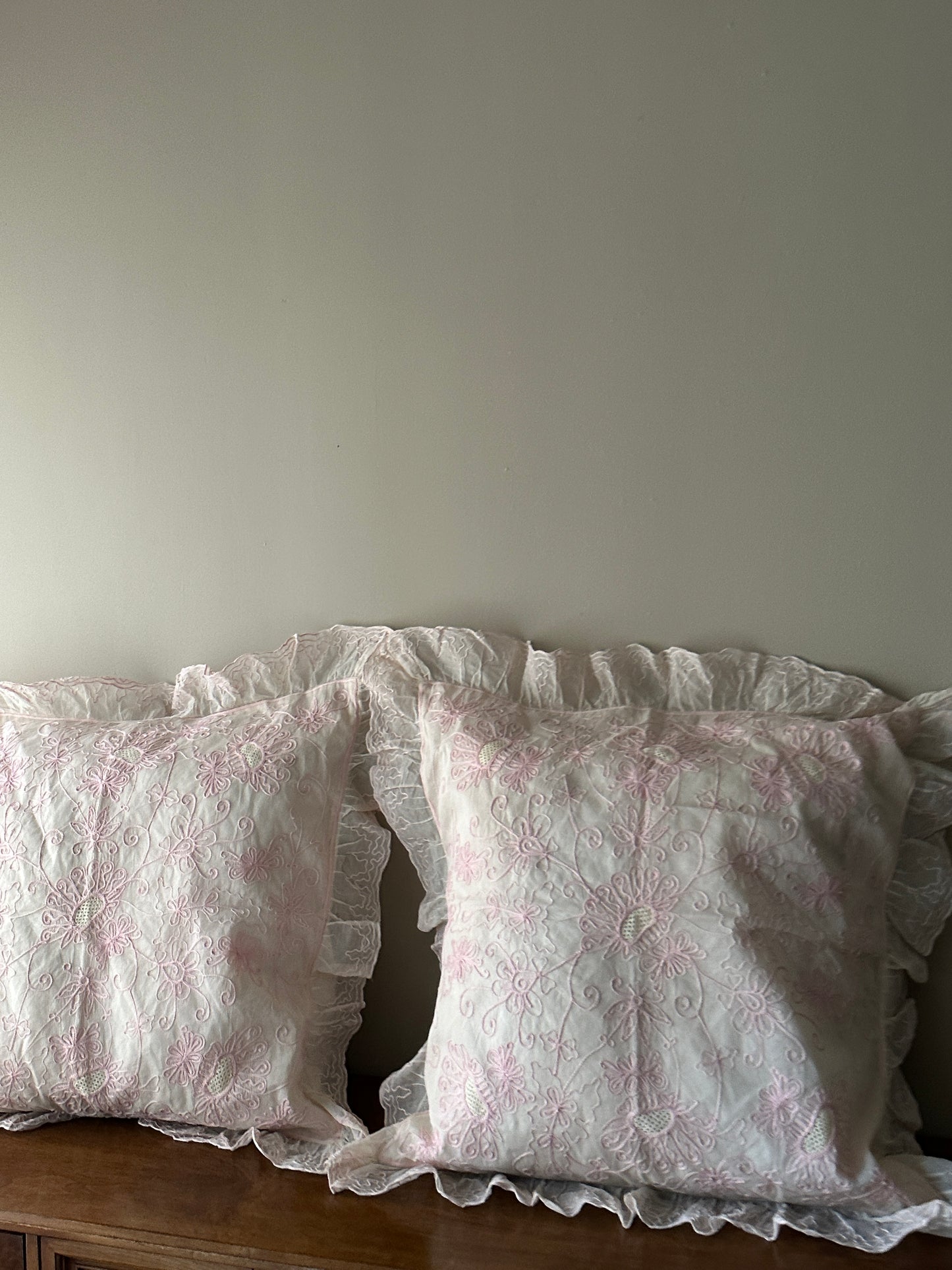 Pair of European shams and inserts. Set of 2. Light Pink Thread design.