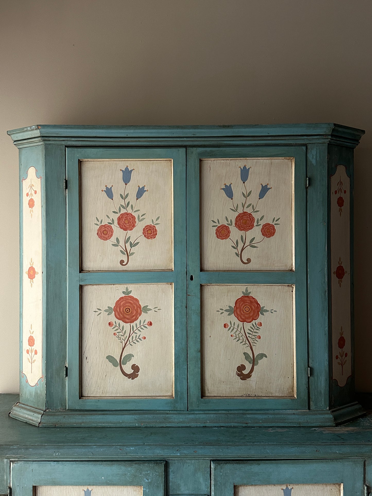 Two piece folk painted Swedish hutch