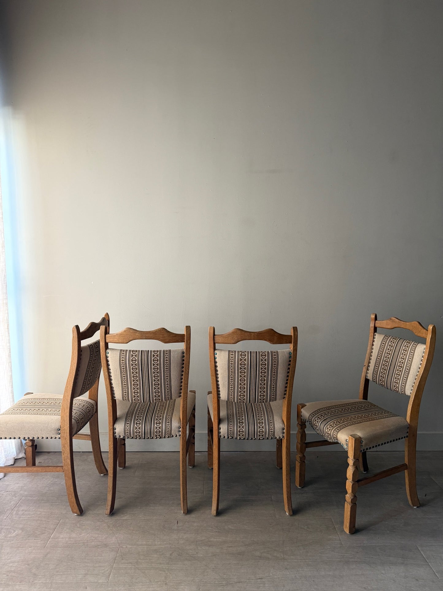 1970s Danish upholstered oak dining chairs. Sold as a set of 4.