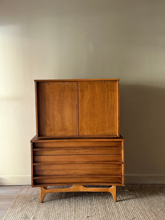 Walnut two piece tallboy. As is. Refinishing project.