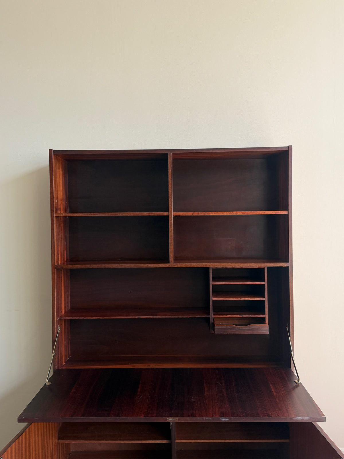 Danish rosewood bookcase cabinet with drop down bar