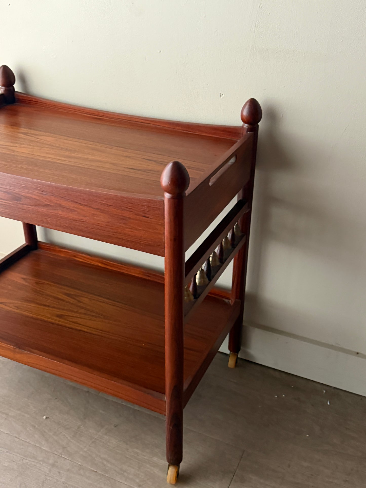 Danish rosewood bar cart with brass bells