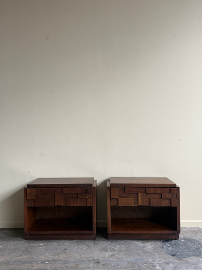Lane Brutalist walnut nightstands. Sold as a pair.