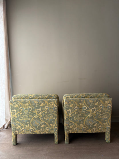 Directional green floral upholstered lounge chairs. Sold individually.