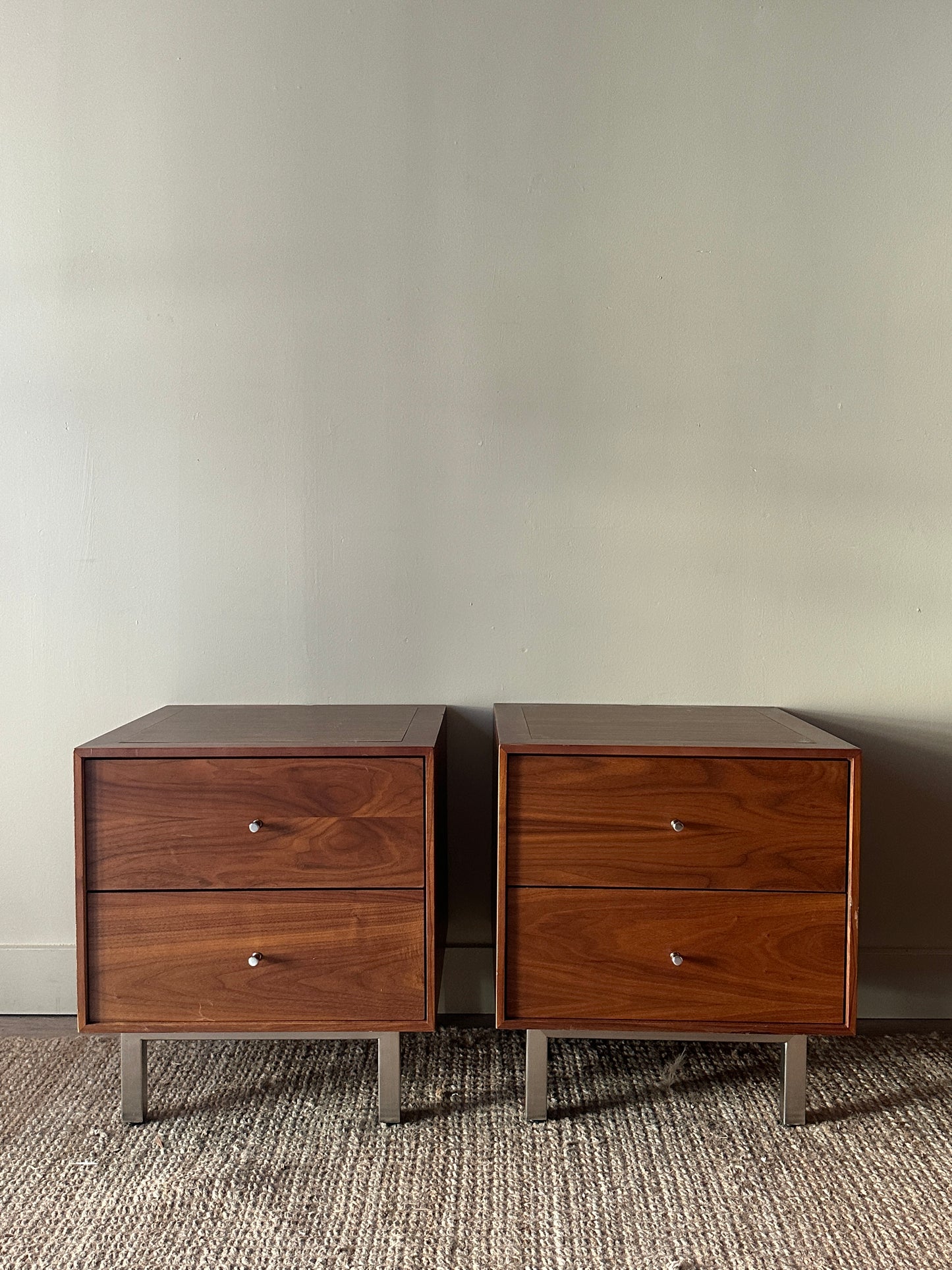 Walnut bedside tables. Sold individually.