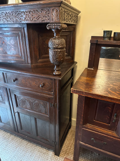 Tudor revival oak inlay cabinet