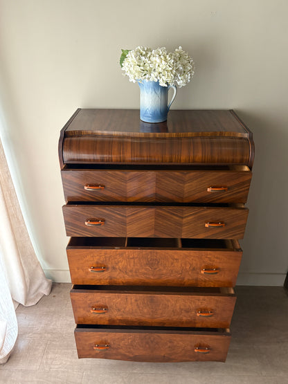 Deco walnut tallboy dresser