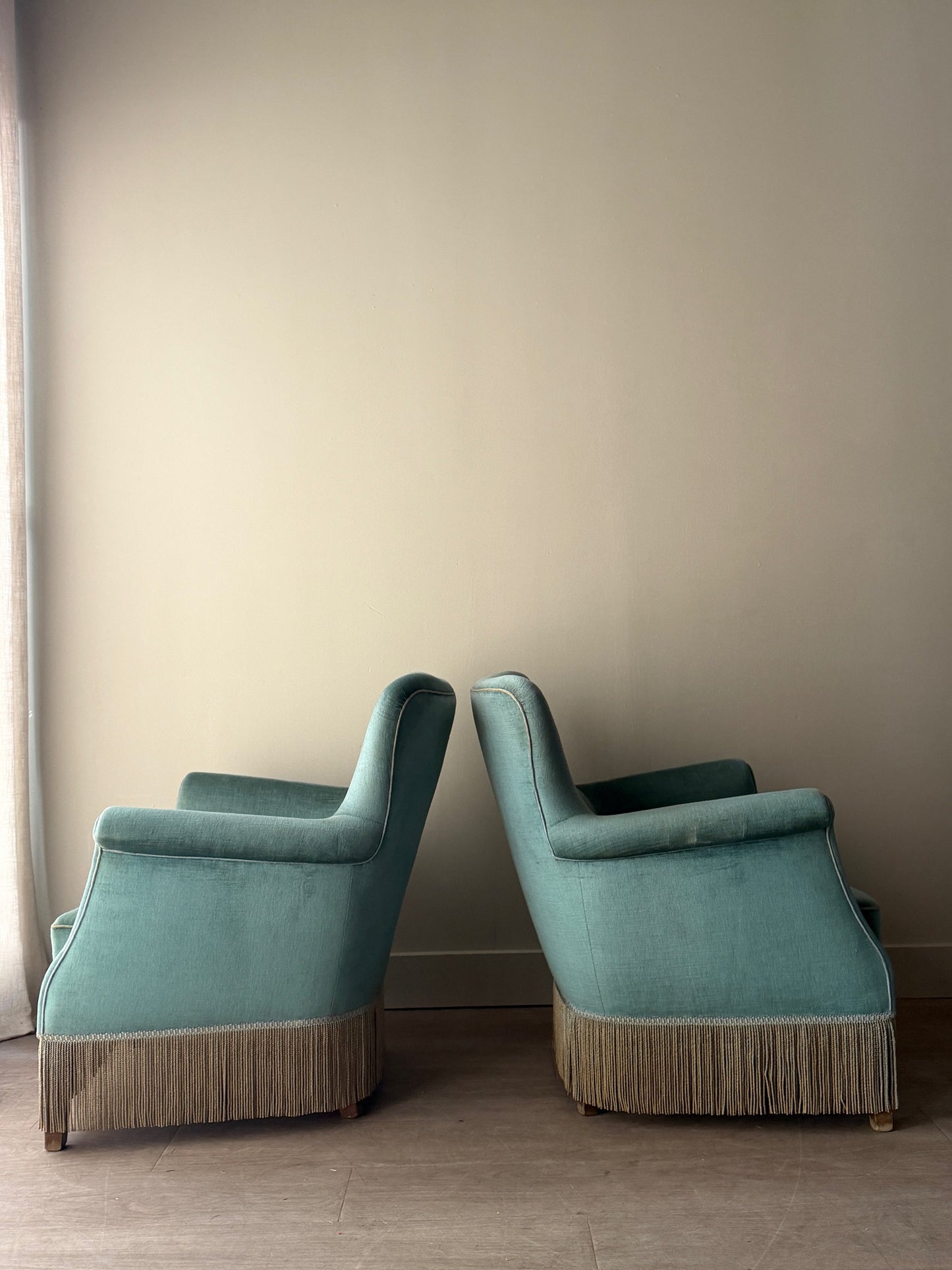 Danish velvet lounge chairs. Sold individually.