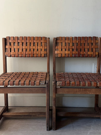 10 Jens Risom style woven leather dining chairs. Sold individually.