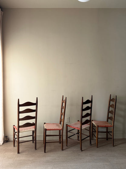 Pine ladder back chairs with woven checked seats. Sold as a set of 4.