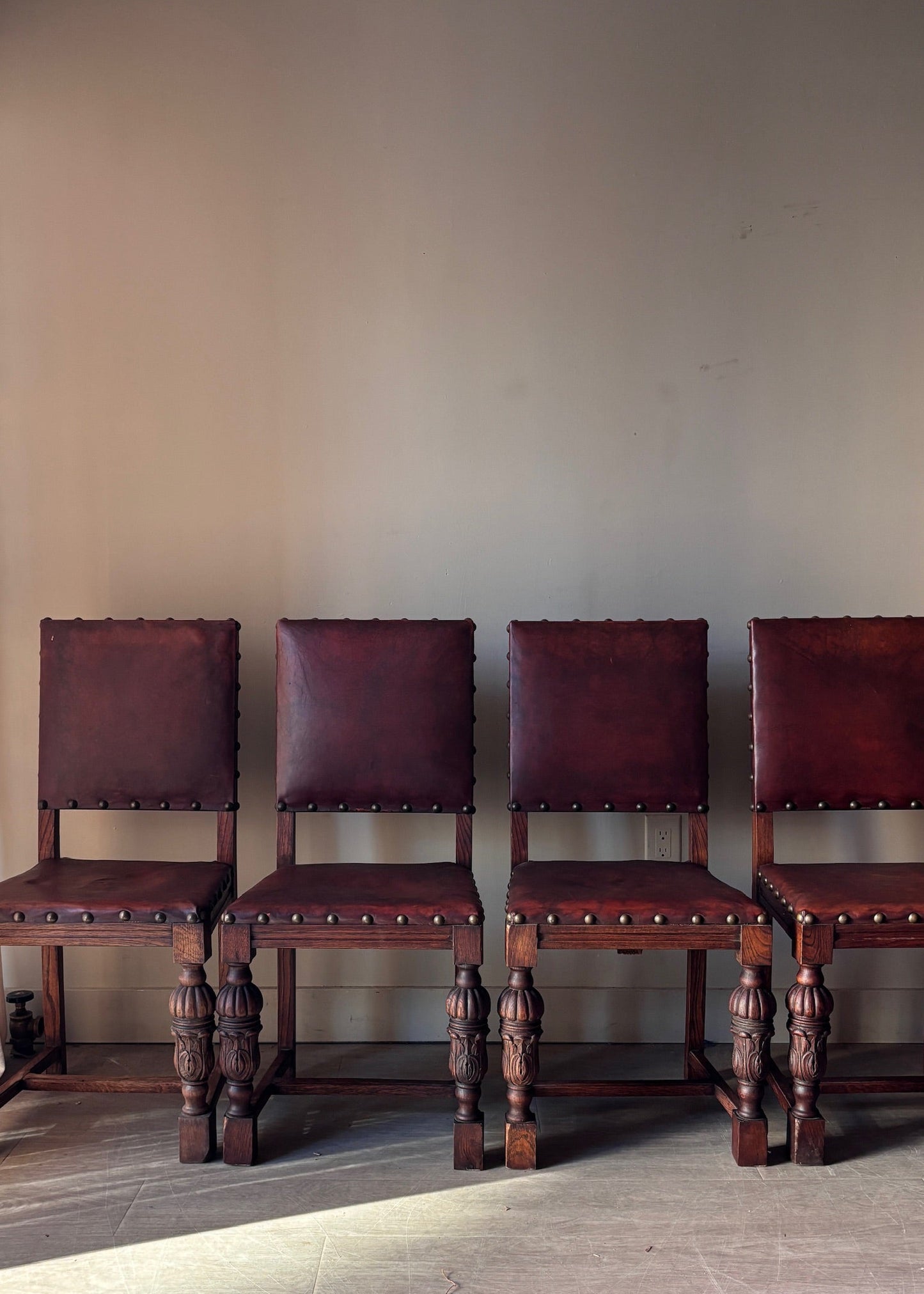 Leather and oak dining chairs. Sets of 2.