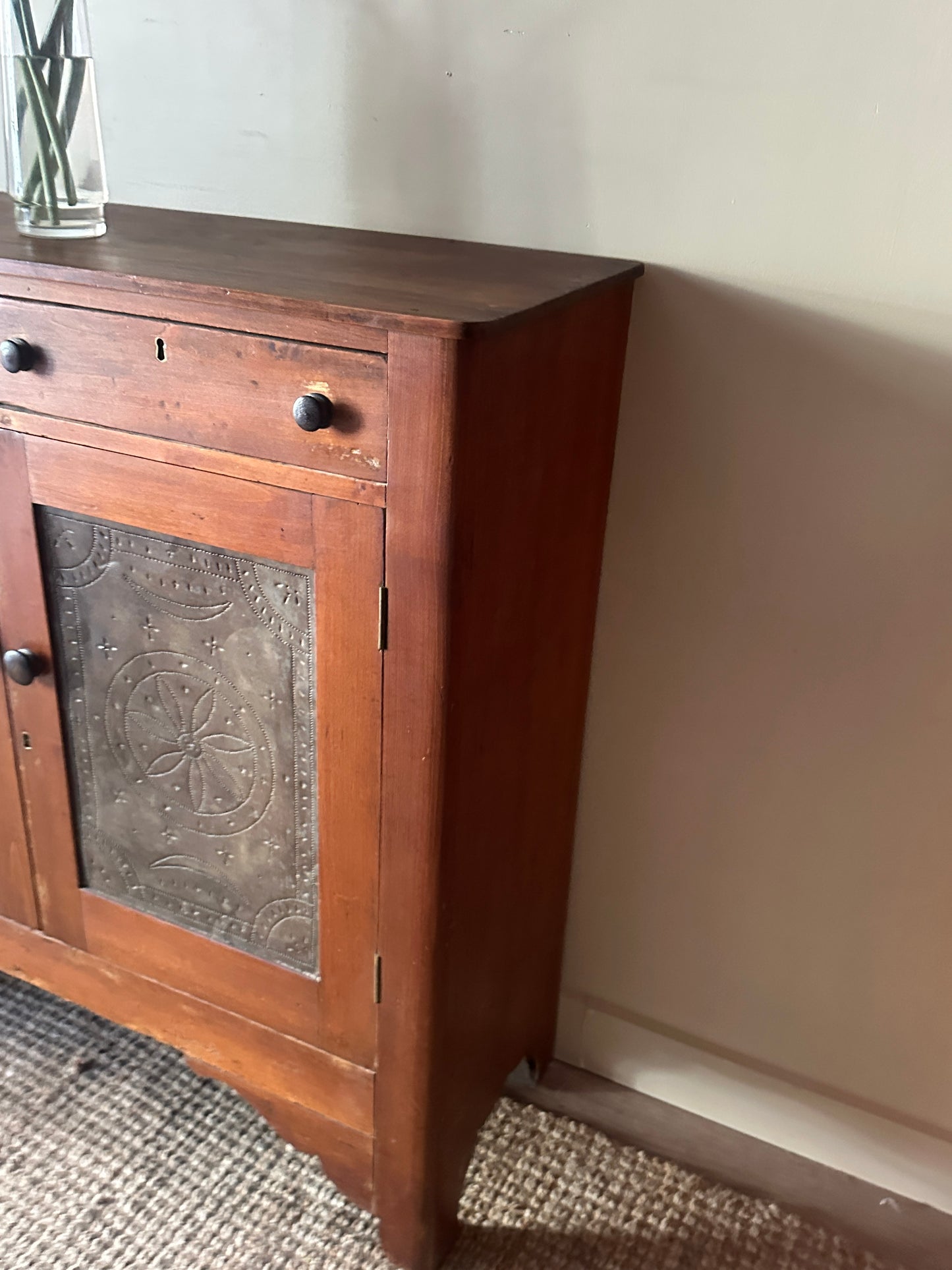 Pine pie safe with pinched tin