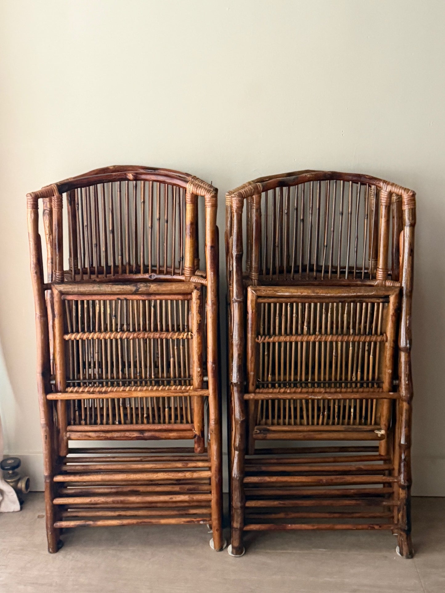 Rattan & pencil reed folding chairs. Sold in pairs.