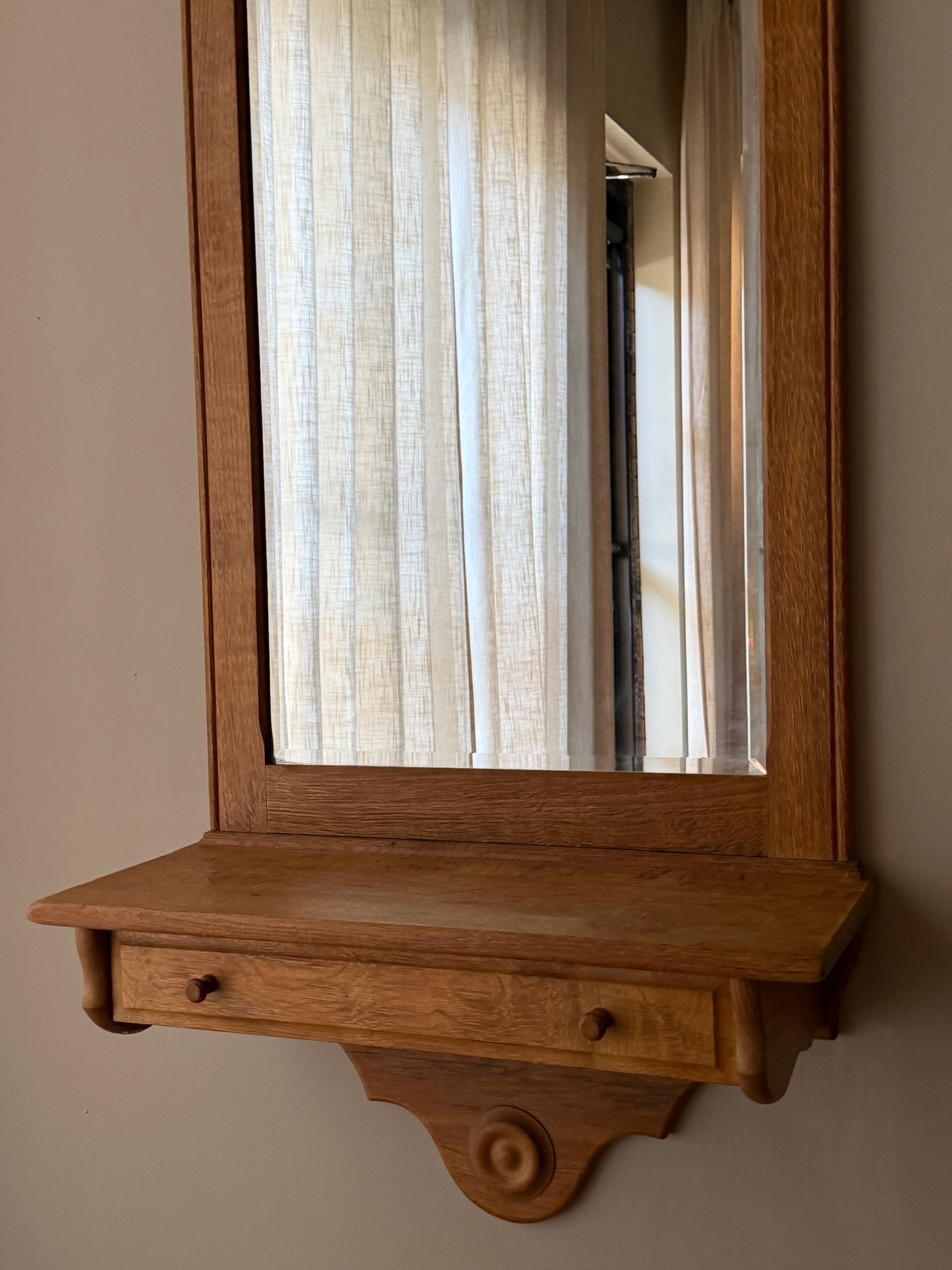 Danish oak mirror with shelf & drawer
