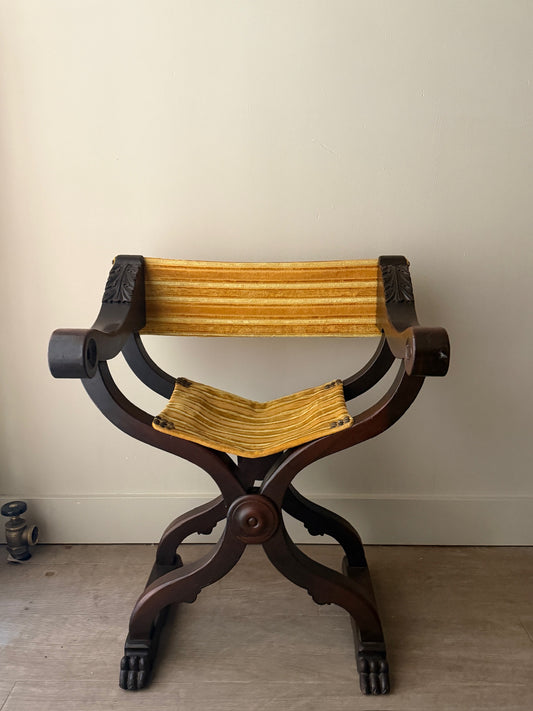 Folding mahogany and velvet vanity chair