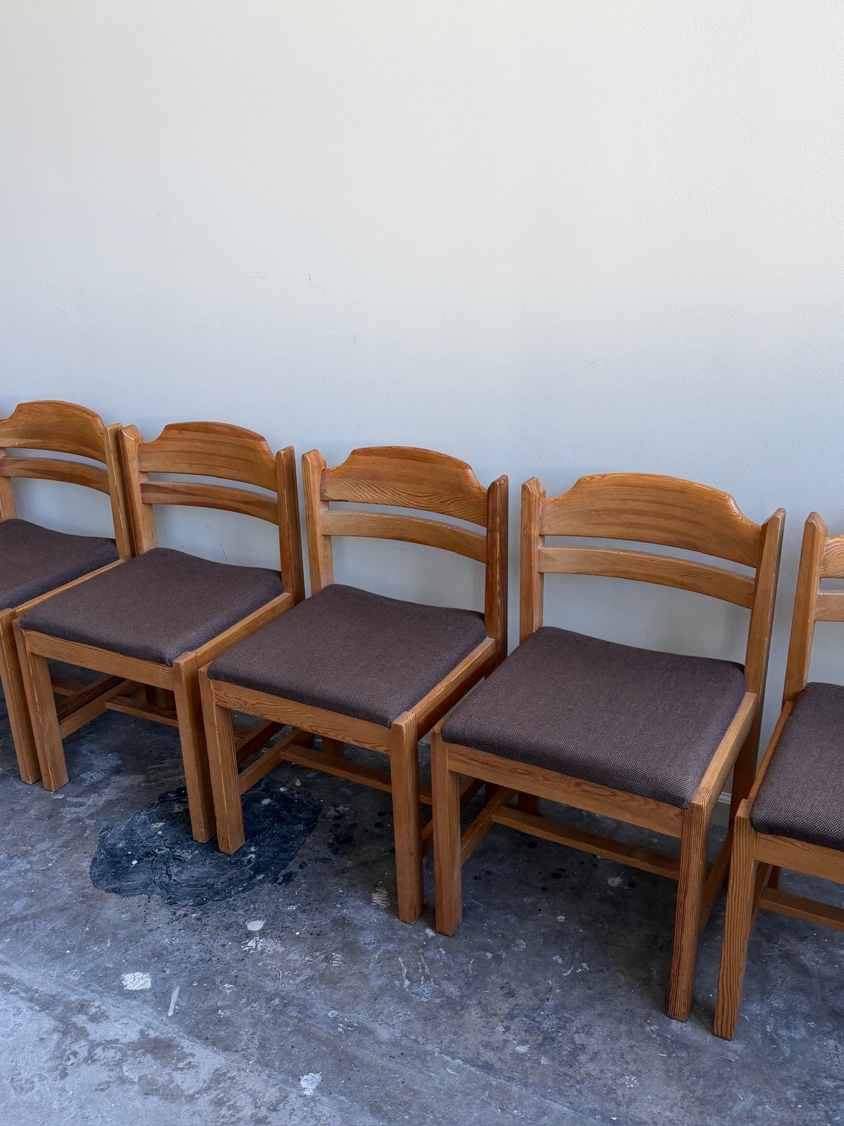 Swedish pine upholstered dining chairs. Sold individually.