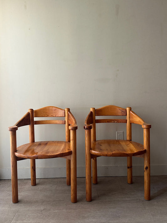 Rainer Daumiller pine dining chairs with arms. Sold as set of 2.