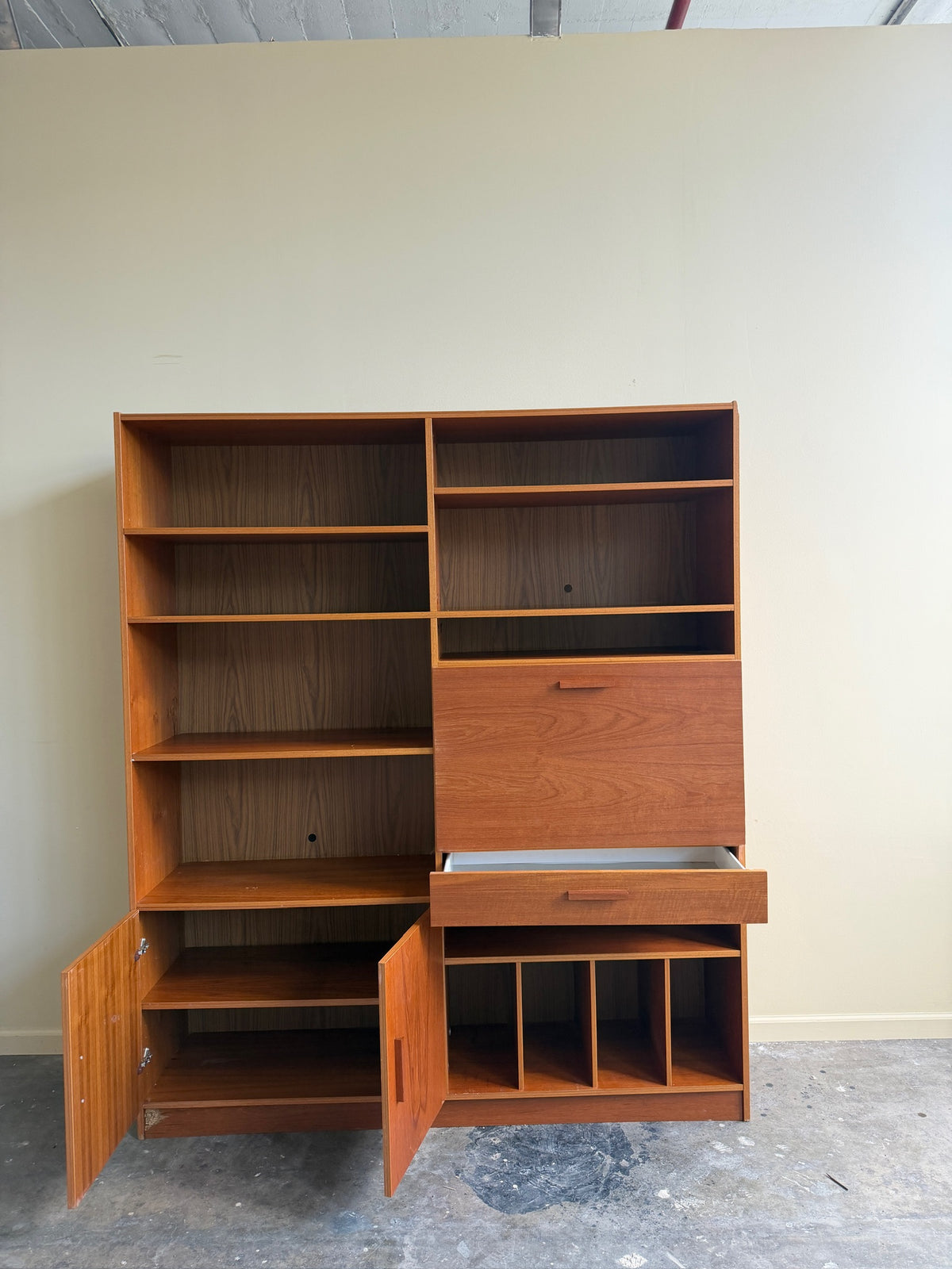 Danish teak shelving unit with drop down desk