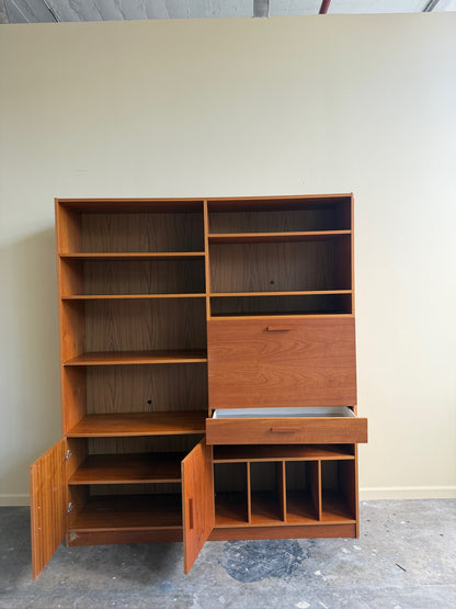 Danish teak shelving unit with drop down desk