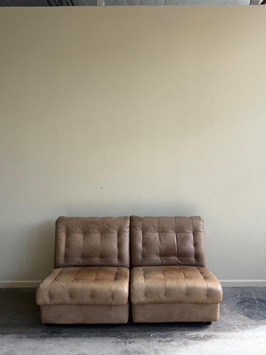 Swiss modular two-seat brown leather sofa