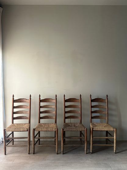 4 Medium oak and rush seat dining chairs. (Sets of 2)
