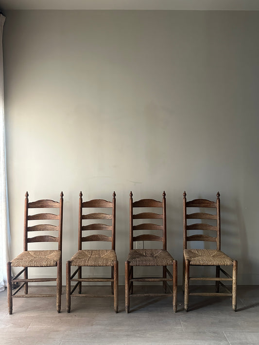 4 Medium oak and rush seat dining chairs. (Sets of 2)