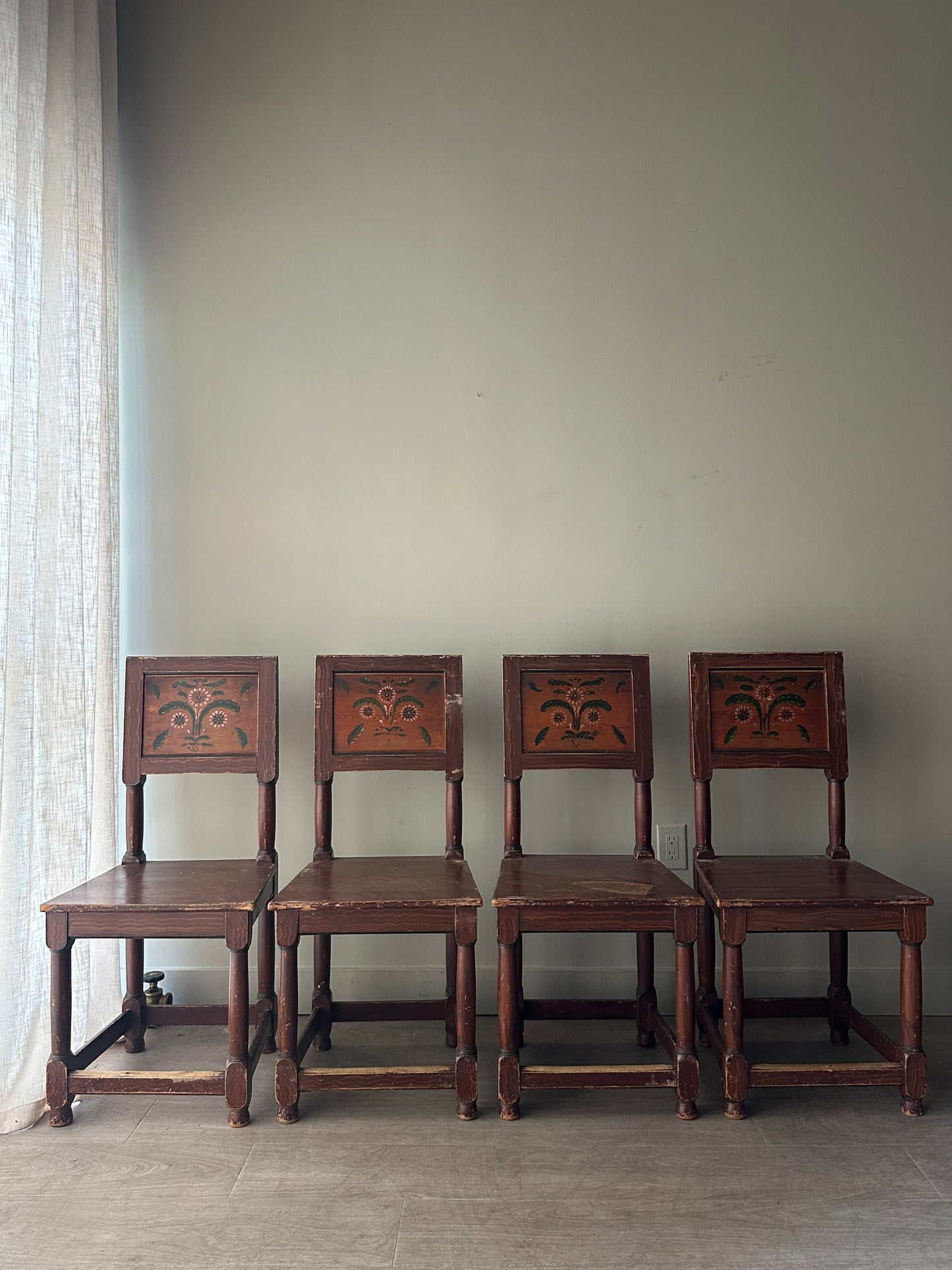 Swedish Kurbits folk painted dining chairs. Sold as set of 4