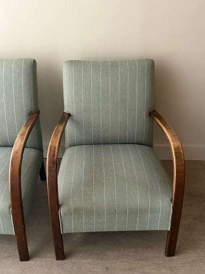 Fritz Hansen Danish Deco striped blue lounge chairs. Sold individually.