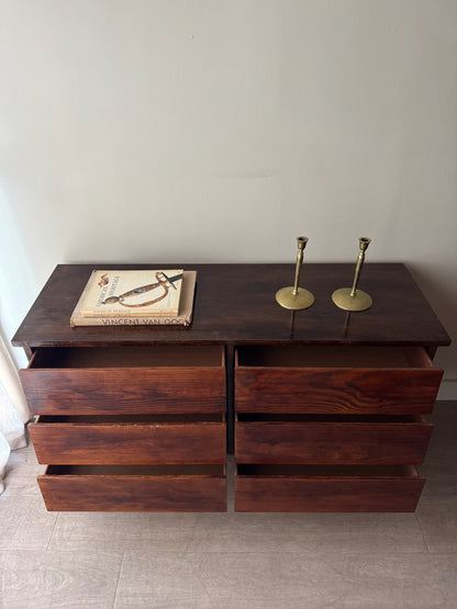 Stained pine 6 drawer dresser